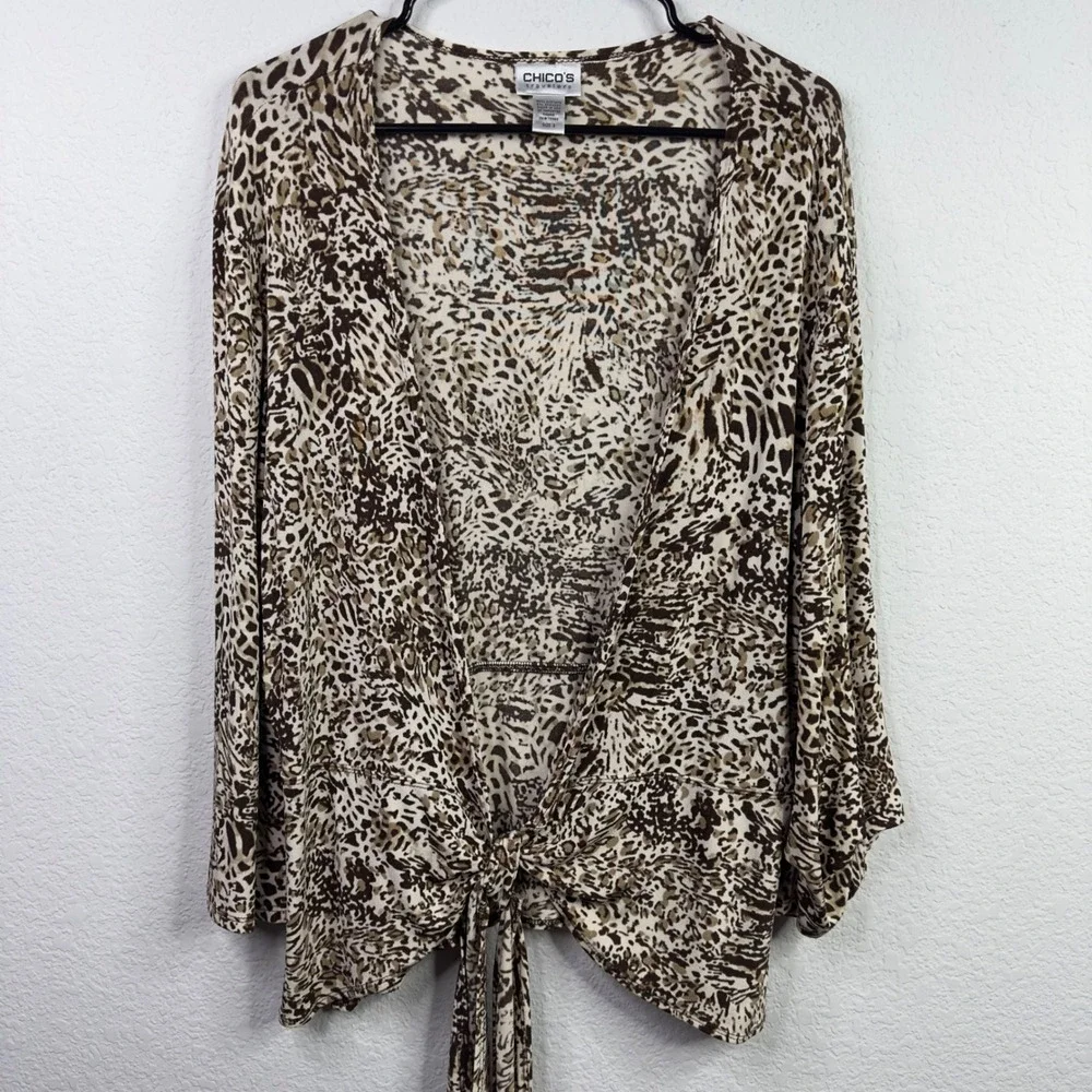 Chico's Travelers Cardigan Womens 3/XL Brown Animal Print‎ Tie Front Mob Wife